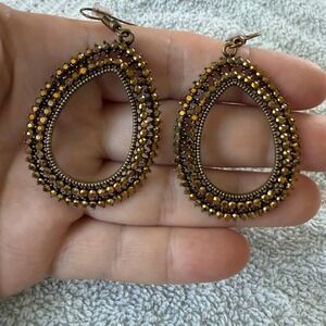 Bronze Teardrop Beaded Hoop Earrings Boho Gold Tone Textured Dangle Statement